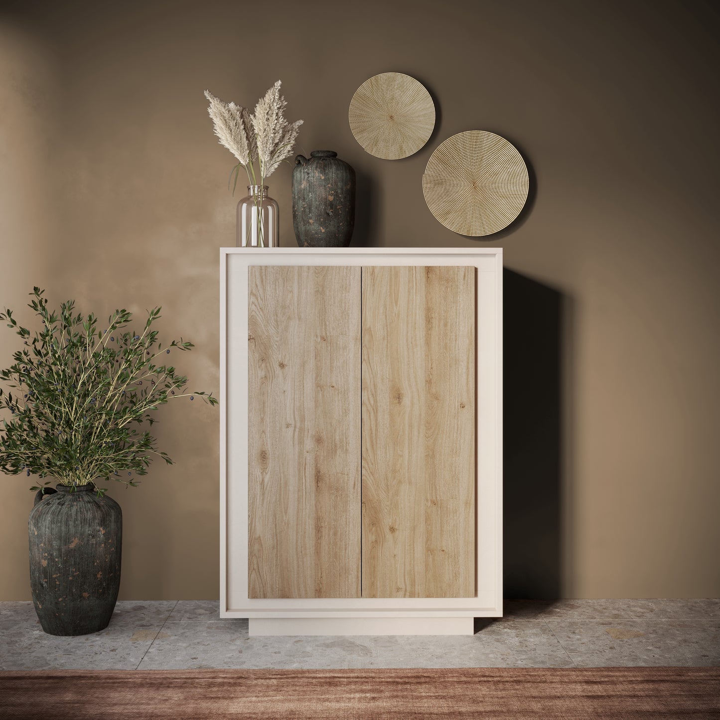 Berlin 2 Door 106cm Cashmere and Cadiz Oak Highboard/Tall Sideboard - FurniComp