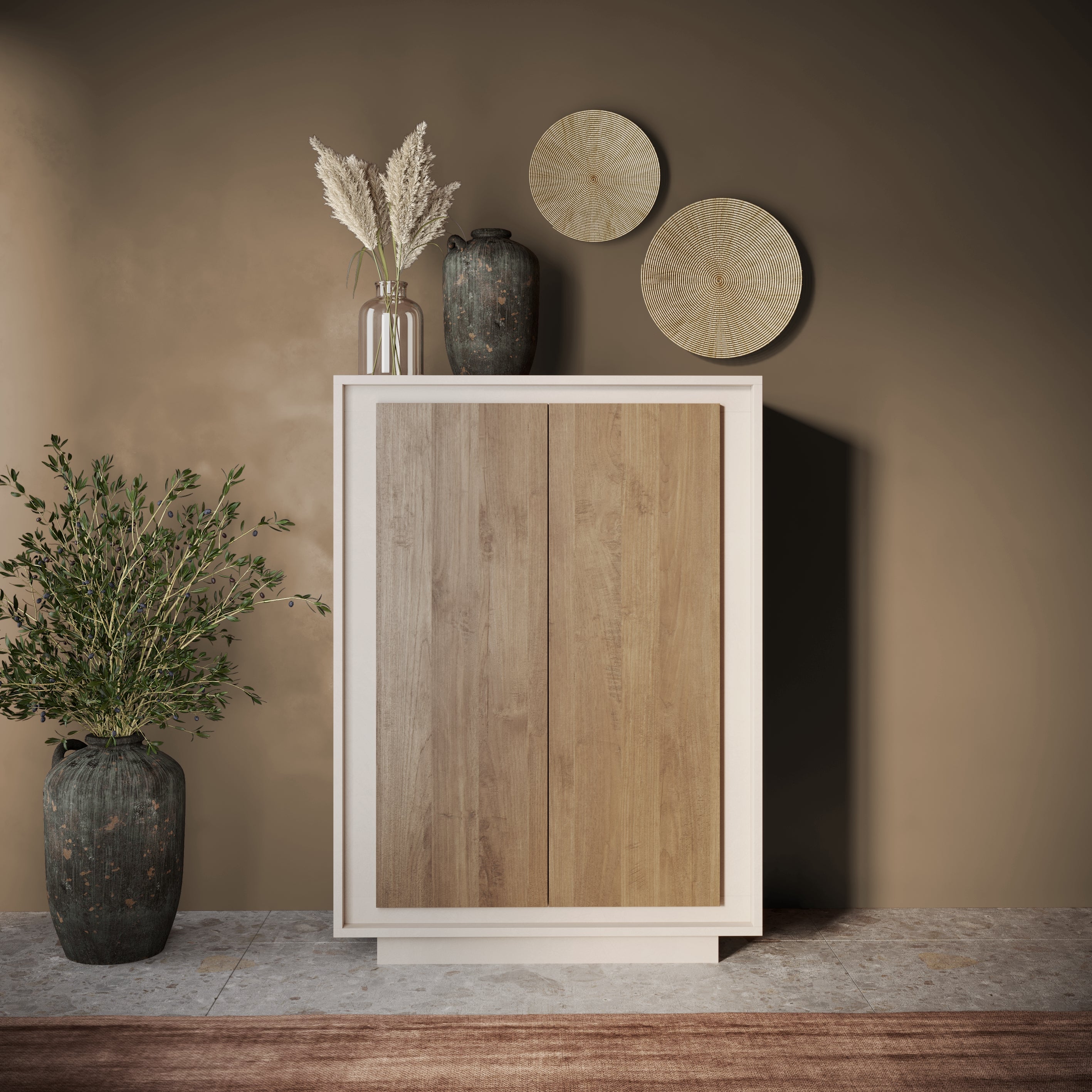 Berlin 2 Door 106cm Cashmere and Mercure Oak Highboard/Tall Sideboard - FurniComp