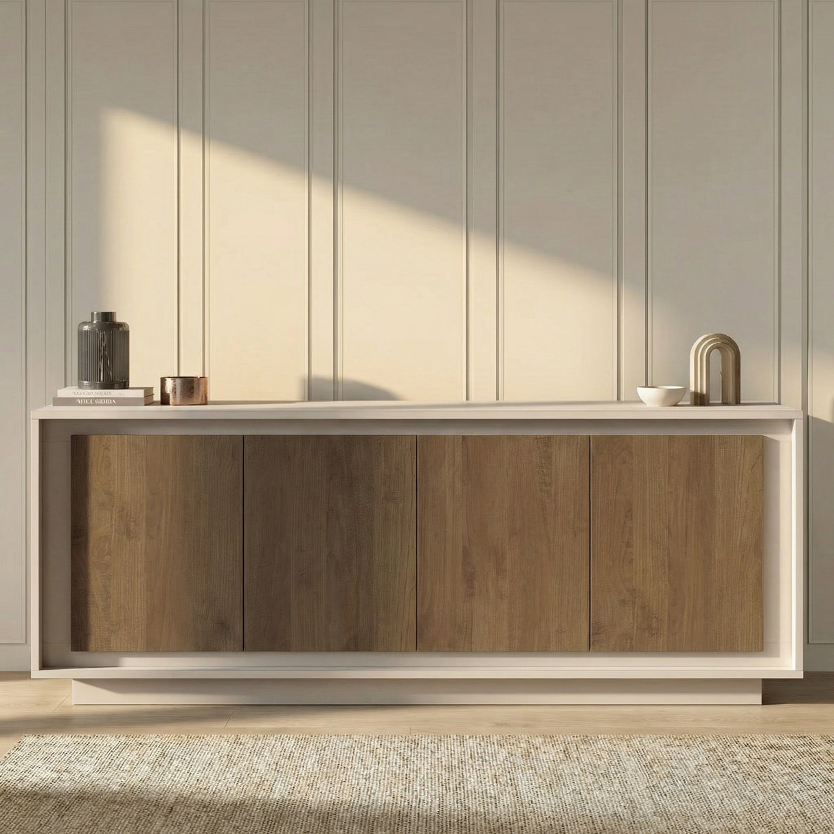 Berlin 4 Door 207cm Cashmere and Mercure Oak Sideboard - FurniComp