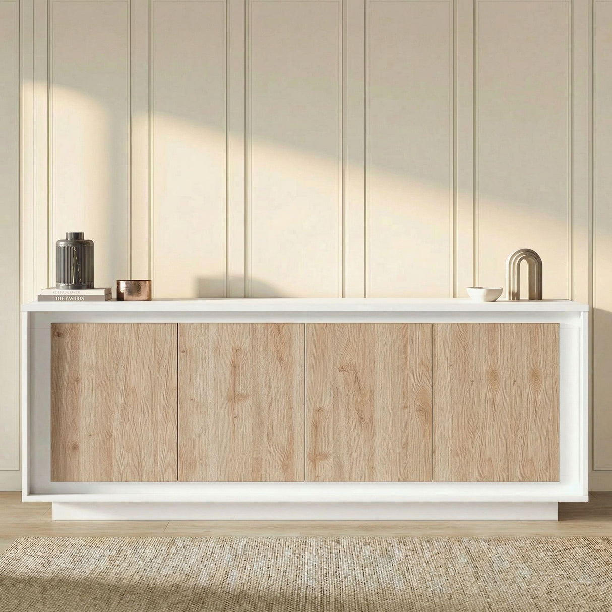 Berlin 4 Door 207cm Matt White and Cadiz Oak Sideboard - FurniComp