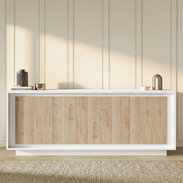 Berlin 4 Door 207cm Matt White and Cadiz Oak Sideboard - FurniComp