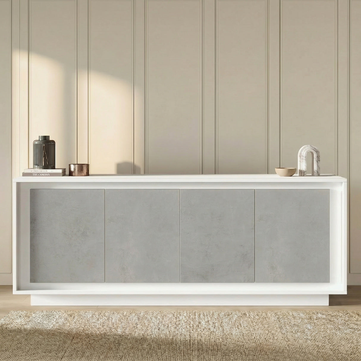 Berlin 4 Door 207cm Matt White and Concrete Grey Sideboard - FurniComp