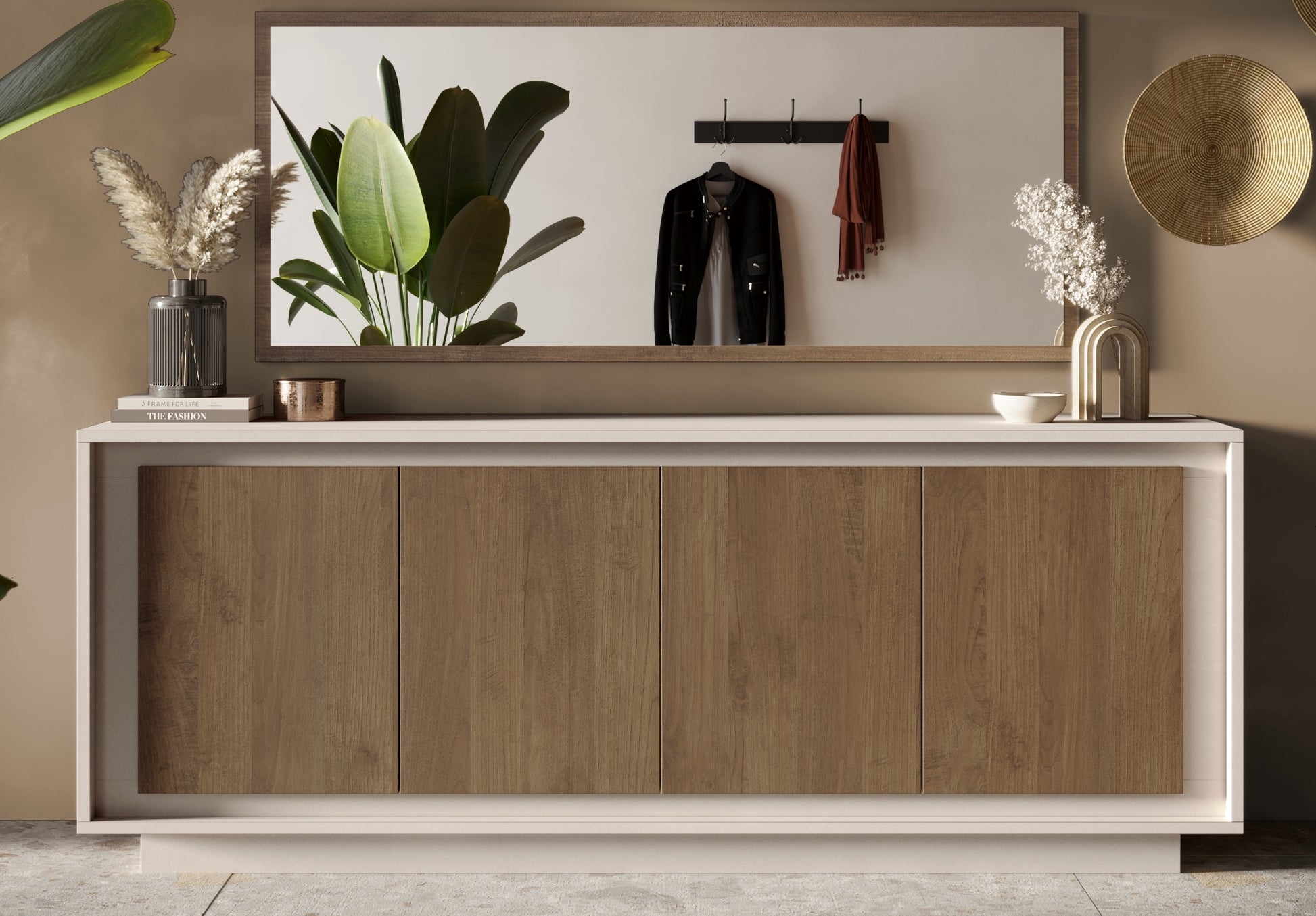 Berlin 4 Door 207cm Cashmere and Mercure Oak Sideboard - FurniComp