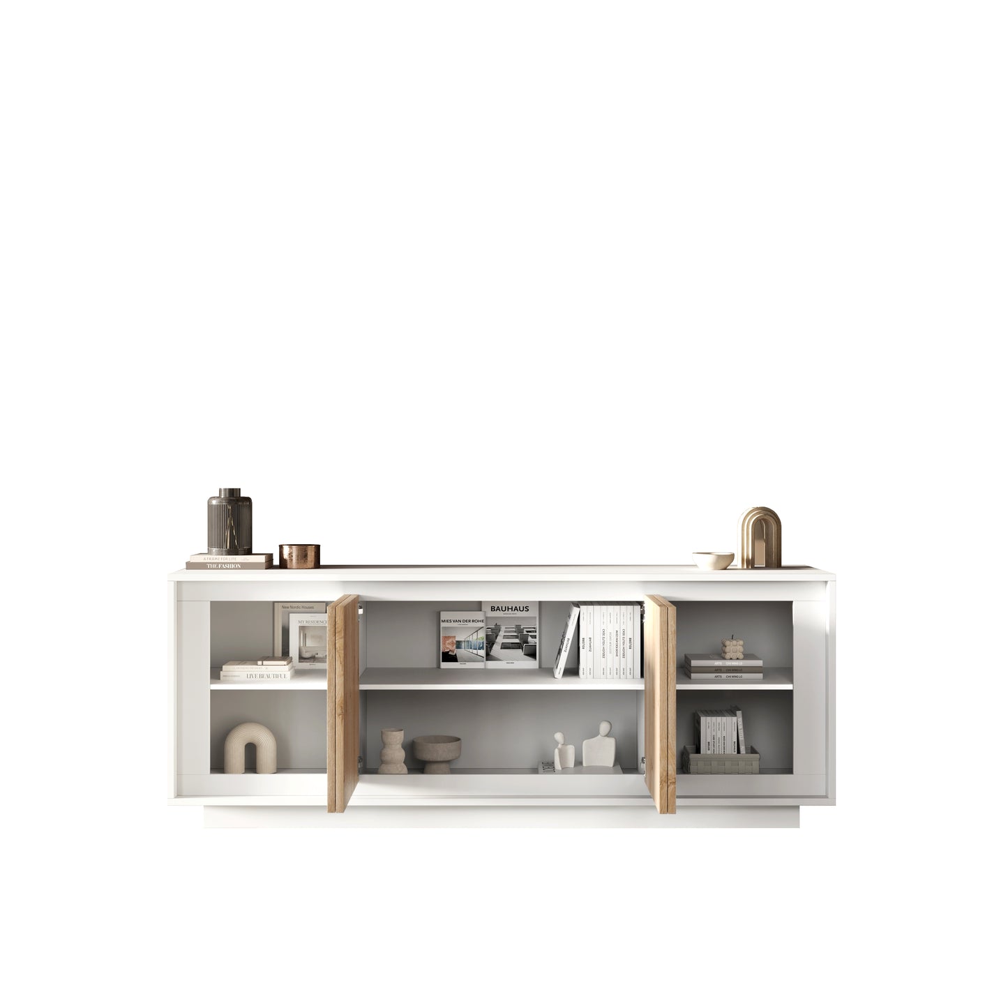 Berlin 4 Door 207cm Matt White and Cadiz Oak Sideboard - FurniComp