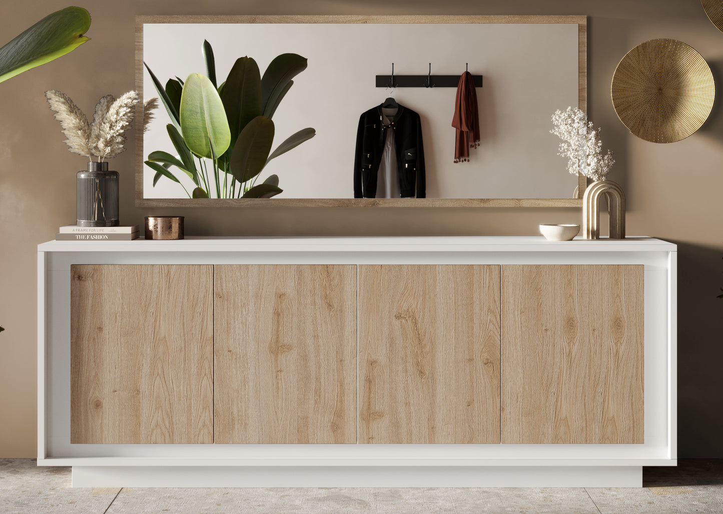 Berlin 4 Door 207cm Matt White and Cadiz Oak Sideboard - FurniComp