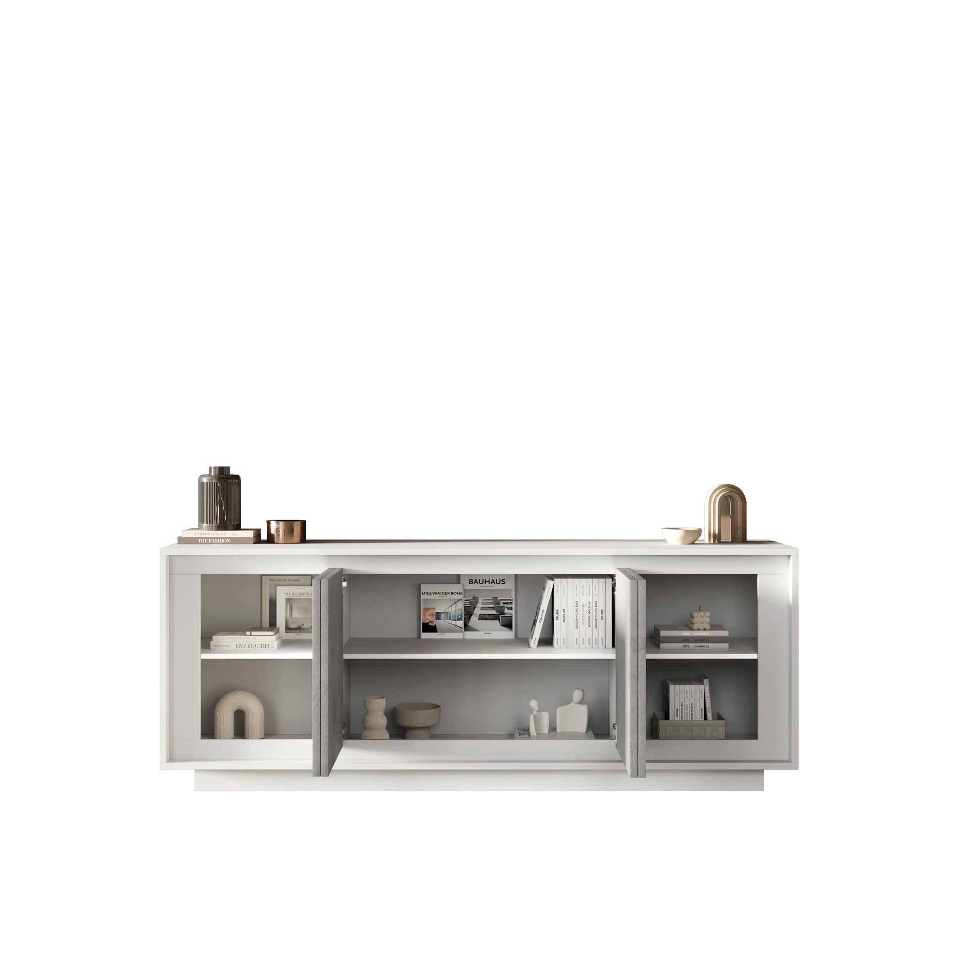 Berlin 4 Door 207cm Matt White and Concrete Grey Sideboard - FurniComp