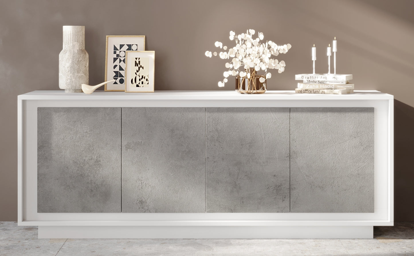 Berlin 4 Door 207cm Matt White and Concrete Grey Sideboard - FurniComp