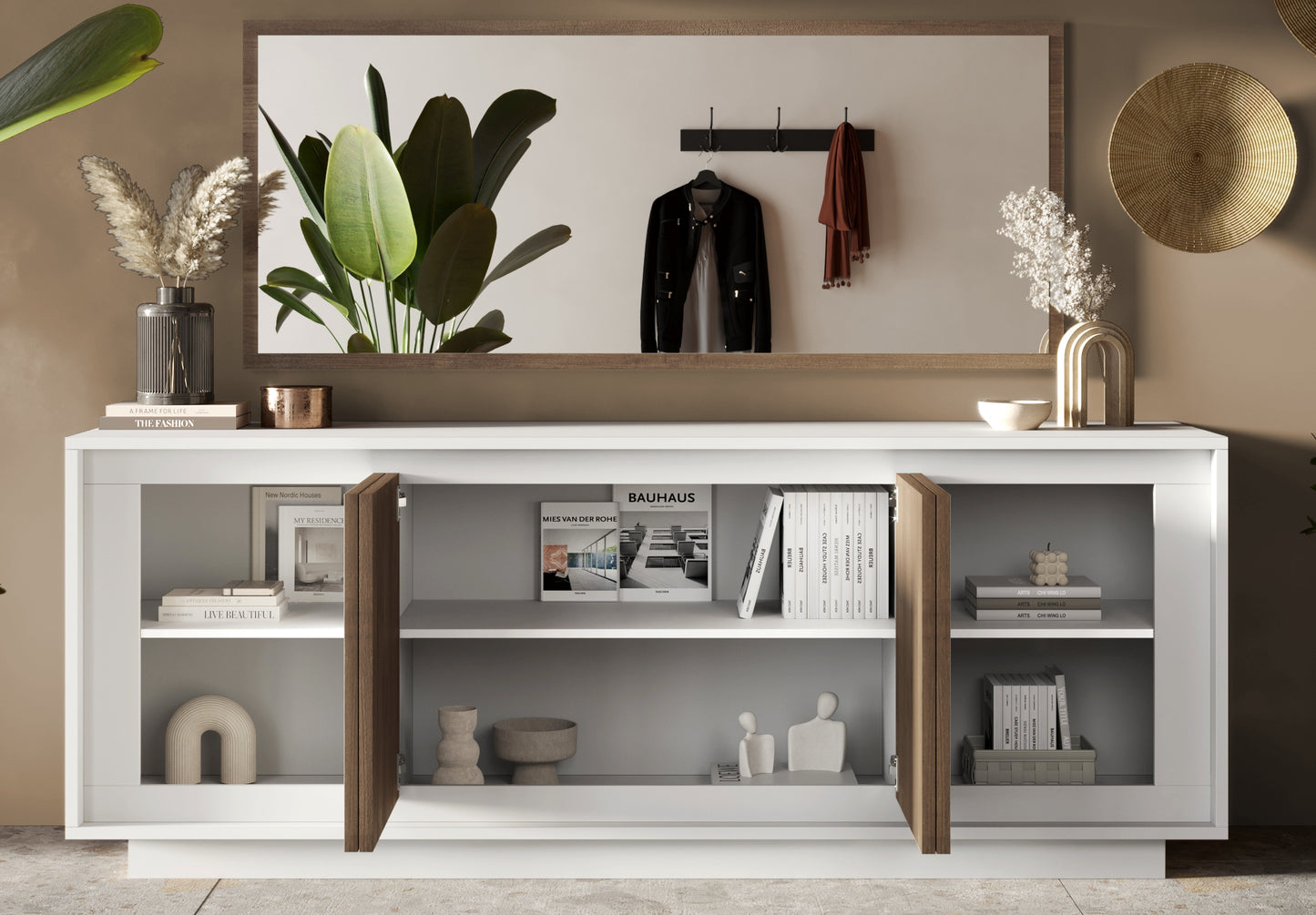 Berlin 4 Door 207cm Matt White and Mercure Oak Sideboard - FurniComp