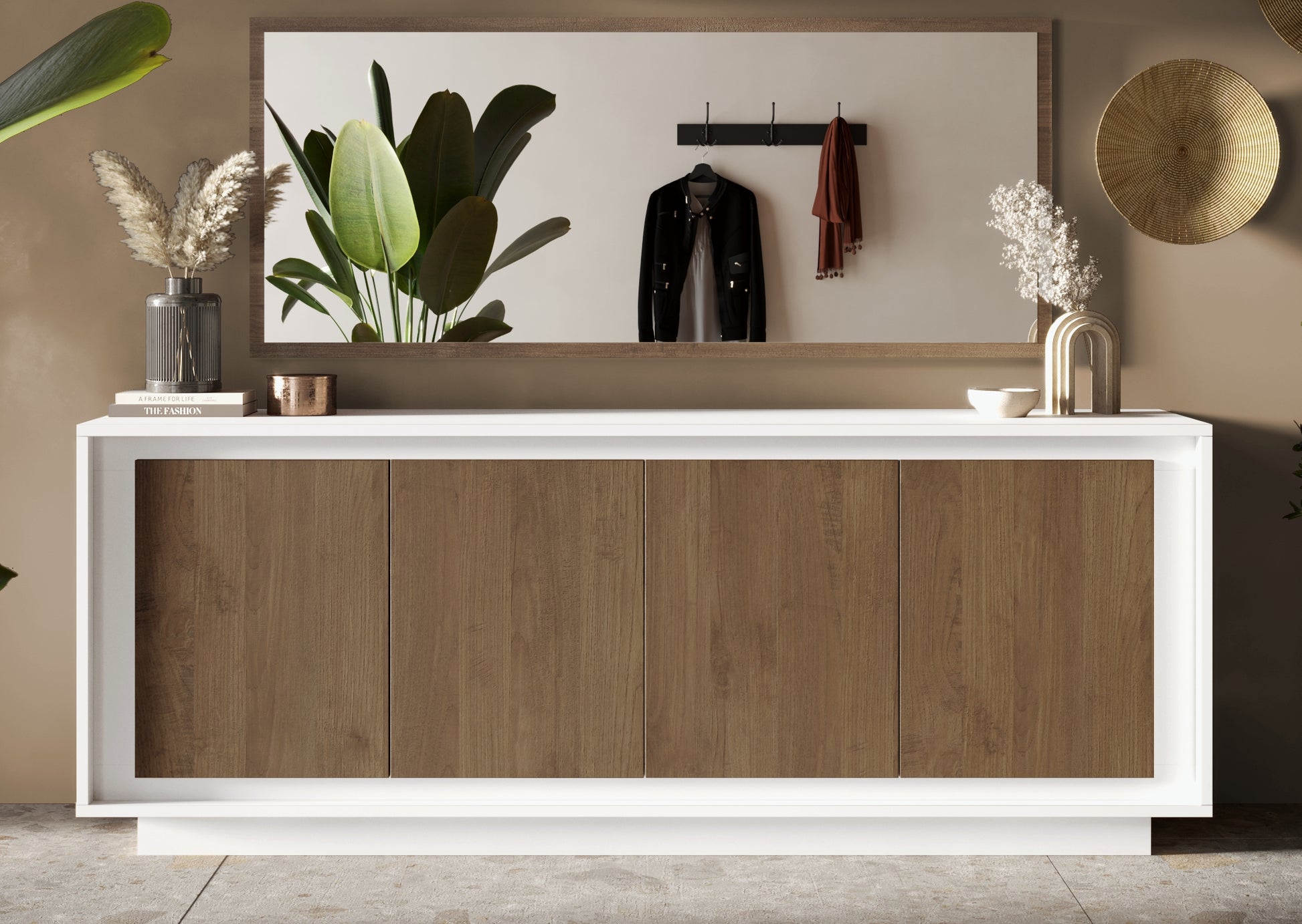 Berlin 4 Door 207cm Matt White and Mercure Oak Sideboard - FurniComp