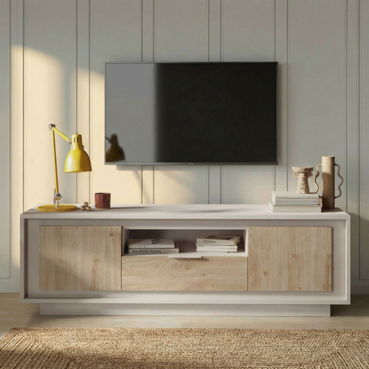 Berlin 2 Door 1 Drawer 180cm Cashmere and Cadiz Oak TV Stand - FurniComp