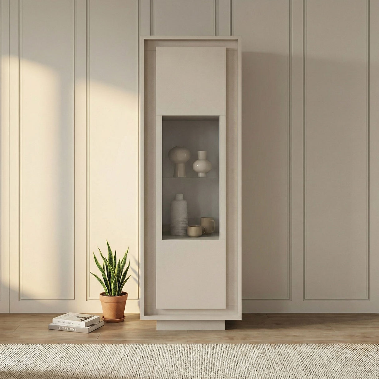 Berlin 1 Door 67cm Cashmere Glass Display Cabinet - FurniComp