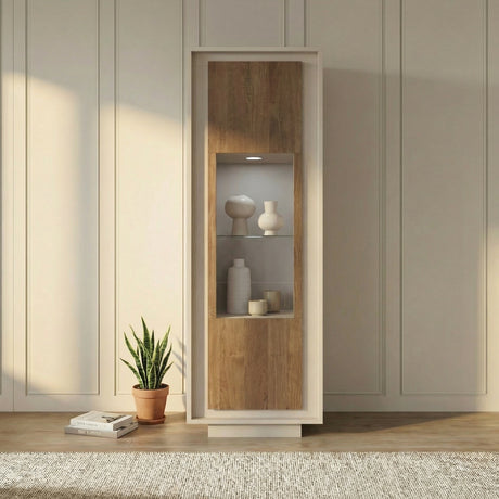 Berlin 1 Door 67cm Cashmere and Mercure Oak Glass Display Cabinet - FurniComp