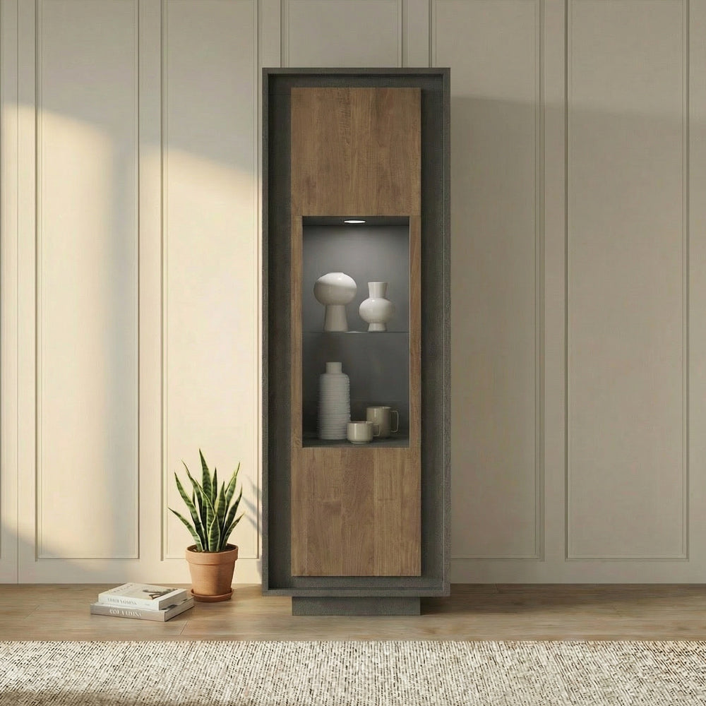 Berlin 1 Door 67cm Grey and Mercure Oak Glass Display Cabinet