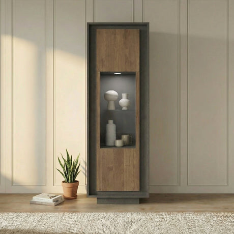 Berlin 1 Door 67cm Grey and Mercure Oak Glass Display Cabinet - FurniComp