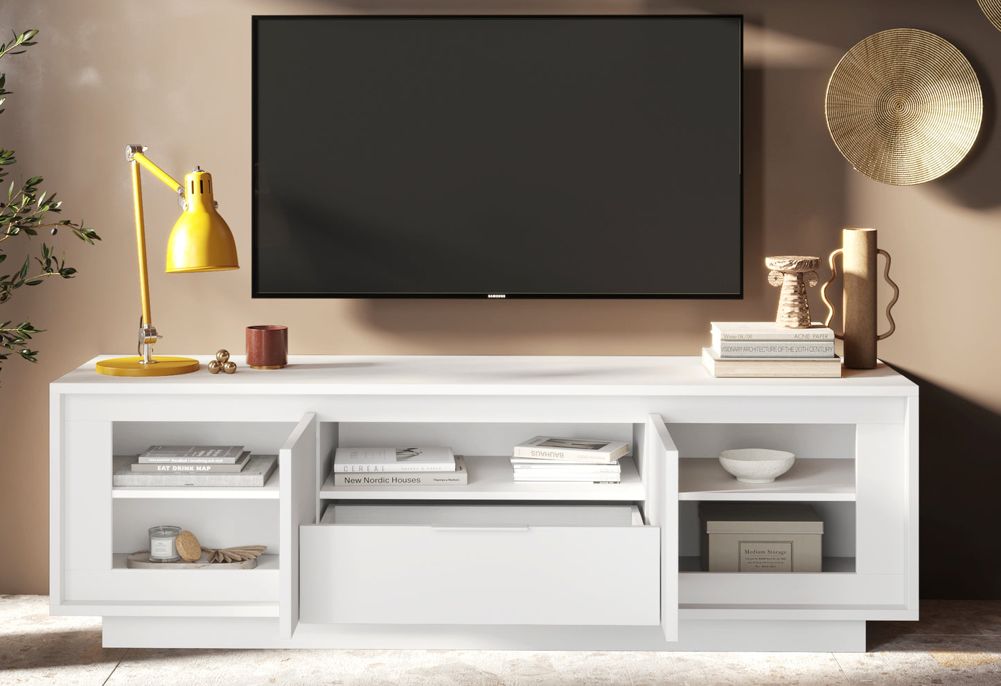 Berlin 2 Door 1 Drawer 180cm Matt White TV Stand - FurniComp