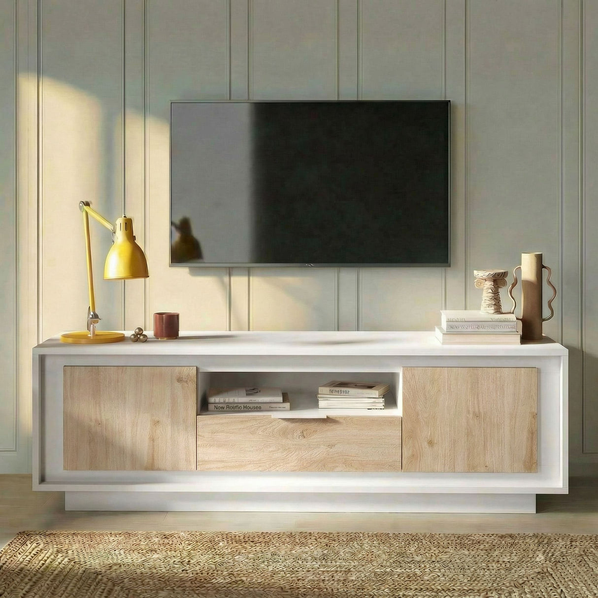 Berlin 2 Door 1 Drawer 180cm Matt White and Cadiz Oak Oak TV Stand - FurniComp