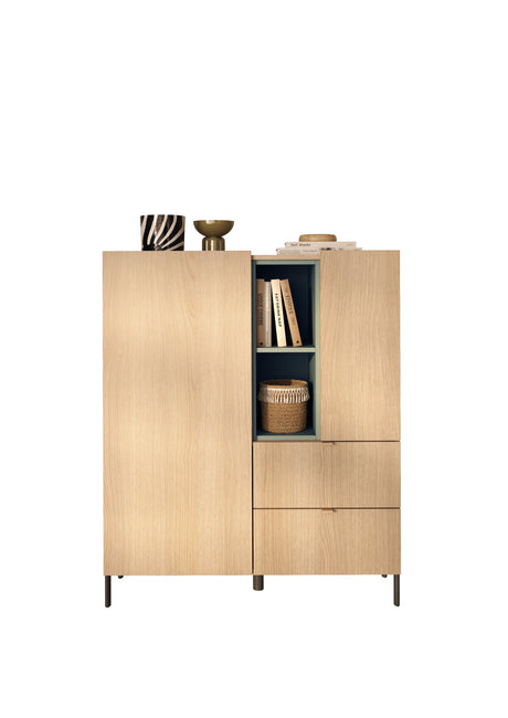 Beverly 100cm 2 Door 2 Drawer Highboard with Bookshelf - Oak & Olive Green - FurniComp