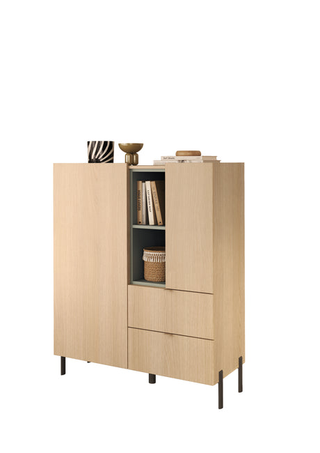Beverly 100cm 2 Door 2 Drawer Highboard with Bookshelf - Oak & Olive Green - FurniComp