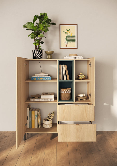 Beverly 100cm 2 Door 2 Drawer Highboard with Bookshelf - Oak & Olive Green - FurniComp