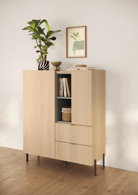 Beverly 100cm 2 Door 2 Drawer Highboard with Bookshelf - Oak & Olive Green - FurniComp