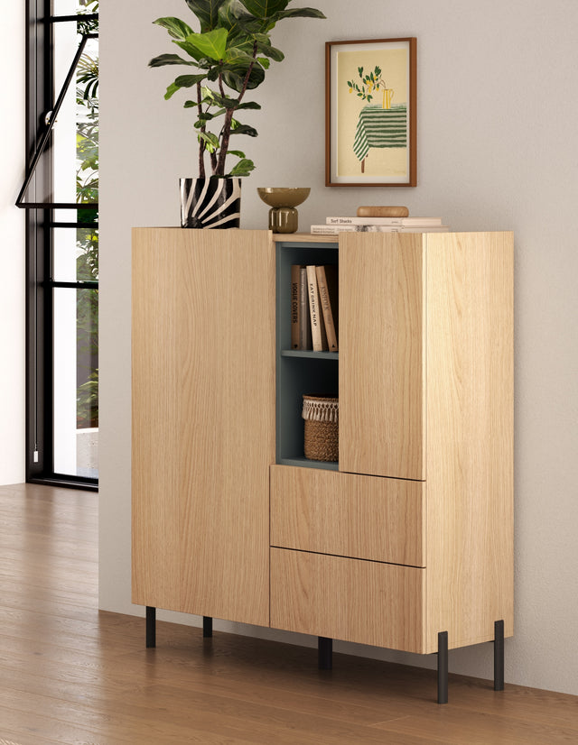 Beverly 100cm 2 Door 2 Drawer Highboard with Bookshelf - Oak & Olive Green - FurniComp