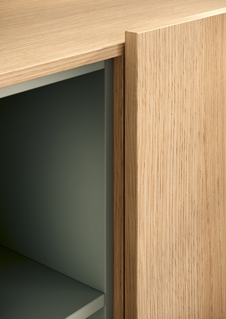 Beverly 100cm 2 Door 2 Drawer Highboard with Bookshelf - Oak & Olive Green - FurniComp