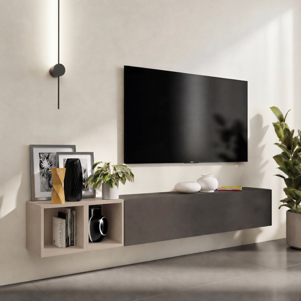 Combo 194cm Floating Wall Hung TV Entertainment Unit – Black Lava & Cashmere - FurniComp