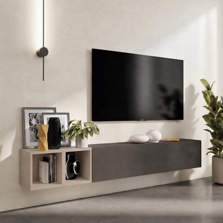 Combo 194cm Floating Wall Hung TV Entertainment Unit – Black Lava & Cashmere - FurniComp