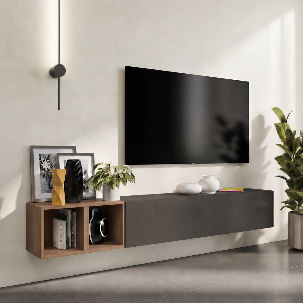 Combo 194cm Floating Wall Hung TV Entertainment Unit – Black Lava & Mercure Oak - FurniComp