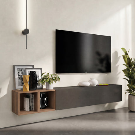 Combo 194cm Floating Wall Hung TV Entertainment Unit – Black Lava & Mercure Oak - FurniComp