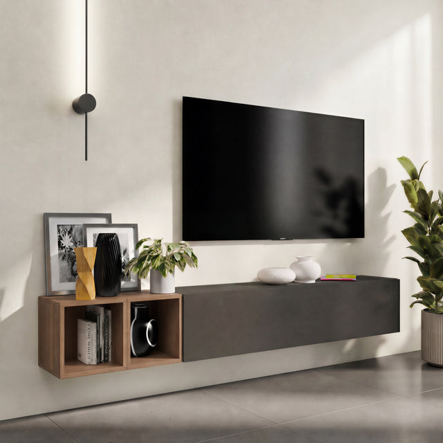 Combo 194cm Floating Wall Hung TV Entertainment Unit – Black Lava & Mercure Oak - FurniComp