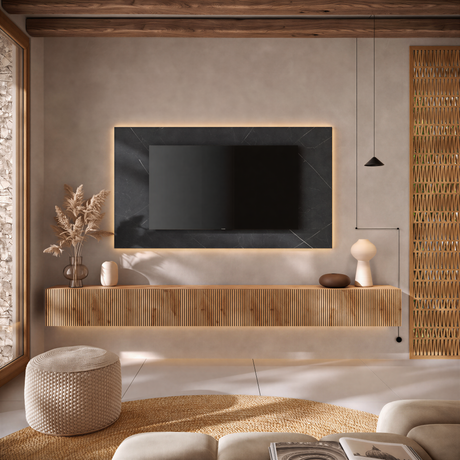 Combo Media Wall Entertainment Unit- Black Marble & Cadiz Oak - FurniComp