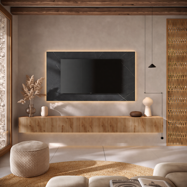 Combo Media Wall Entertainment Unit- Black Marble & Cadiz Oak - FurniComp
