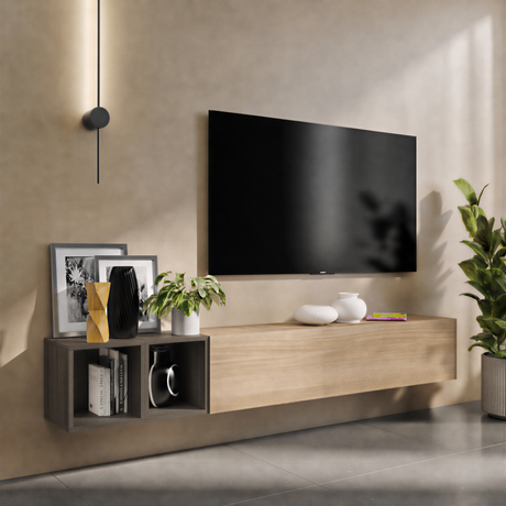 Combo 194cm Floating Wall Hung TV Entertainment Unit – Cadiz Oak & Black Lava - FurniComp