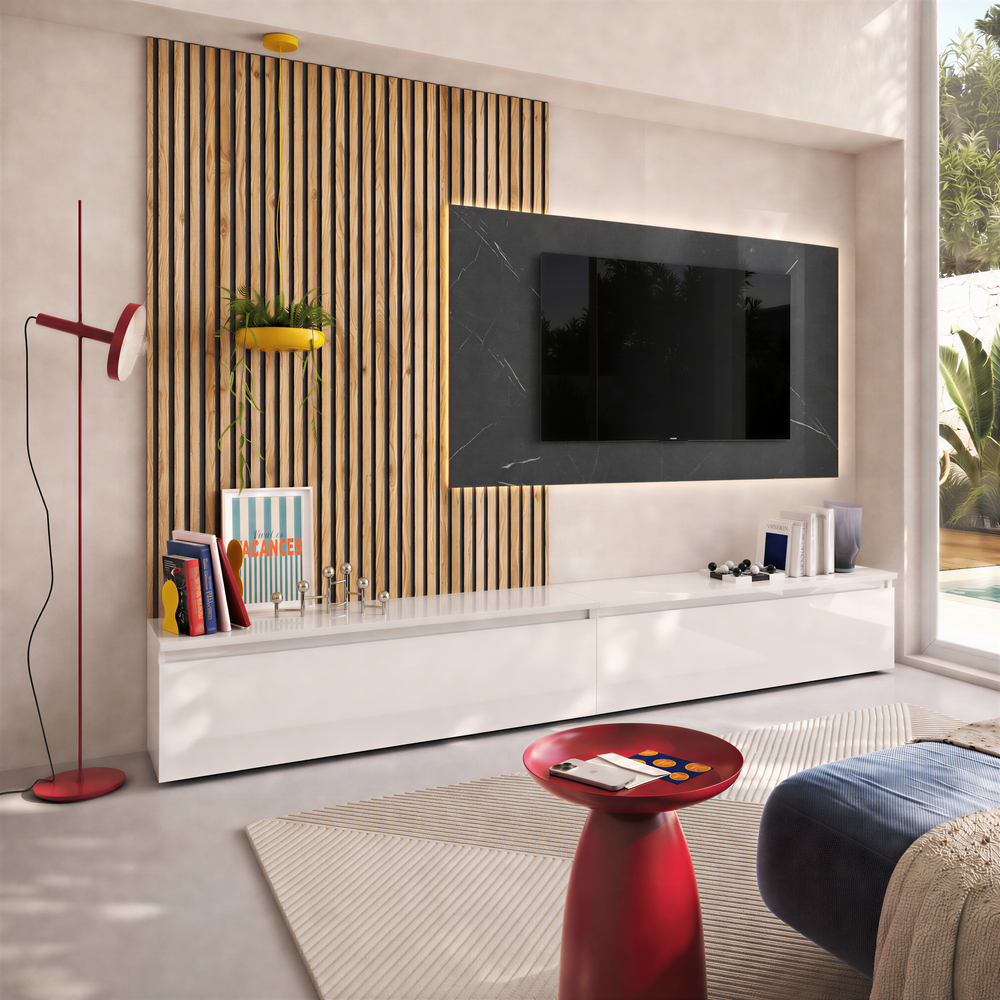 Combo Media Wall Entertainment Unit - White Gloss, Cadiz Oak & Black Marble - FurniComp