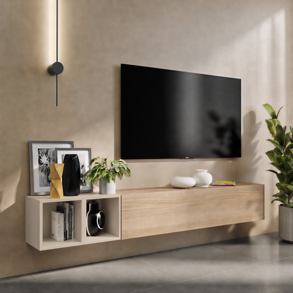 Combo 194cm Floating Wall Hung TV Entertainment Unit – Cadiz Oak & Cashmere - FurniComp