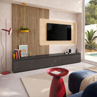 Combo Media Wall Entertainment Unit - Black Lava, Cadiz Oak & Travertine Stone - FurniComp