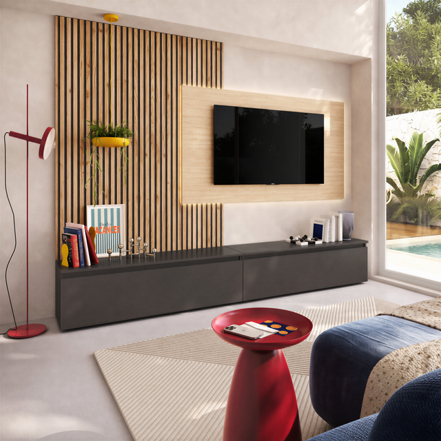 Combo Media Wall Entertainment Unit - Black Lava, Cadiz Oak & Travertine Stone - FurniComp