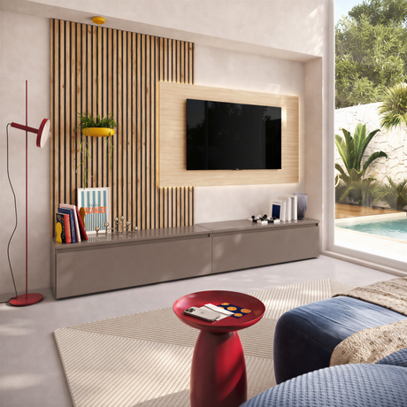 Combo Media Wall Entertainment Unit - Bronze, Cadiz Oak & Travertine Stone - FurniComp