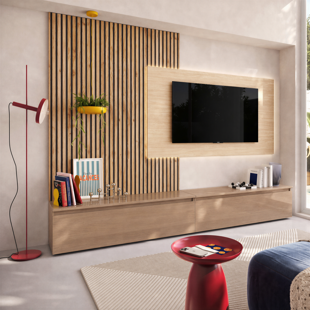 Combo Media Wall Entertainment Unit - Mercure Oak, Cadiz Oak & Travertine Stone - FurniComp