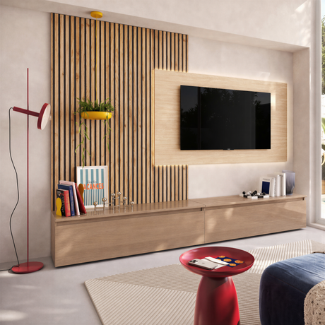 Combo Media Wall Entertainment Unit - Mercure Oak, Cadiz Oak & Travertine Stone - FurniComp