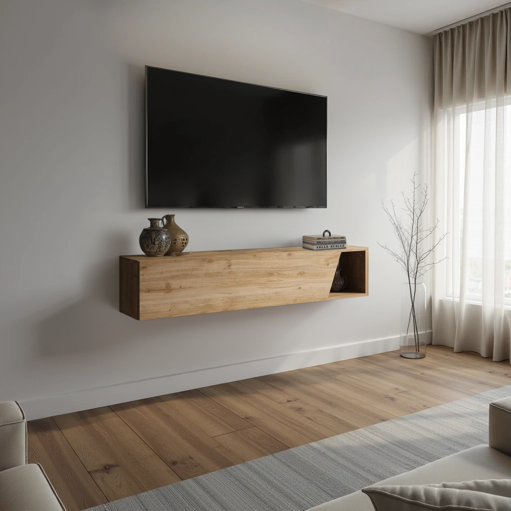 Combo 138cm Floating Wall Hung TV Unit with Shaped Door - Cadiz Oak COM-26-09 - FurniComp