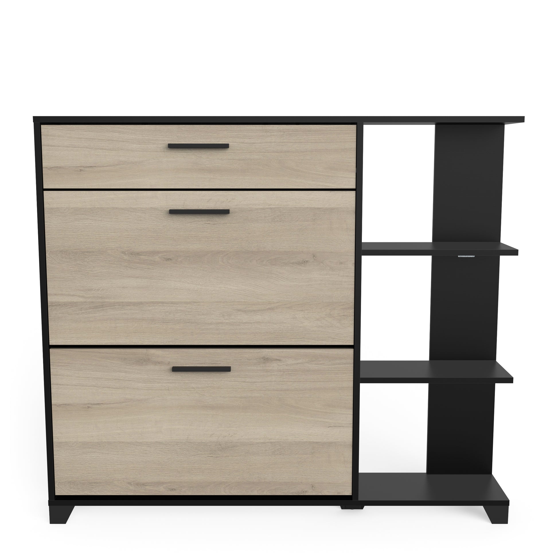 Cairo 2 Door 1 Drawer Matt Black and Oak Shoe Storage Cabinet with Shelves - FurniComp