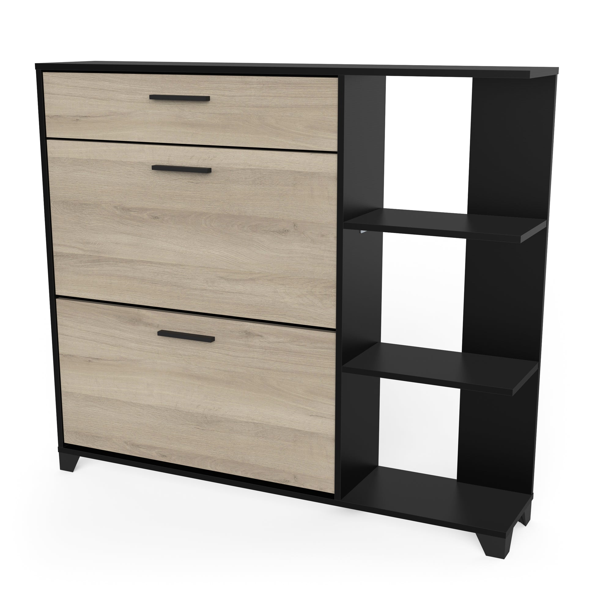 Cairo 2 Door 1 Drawer Matt Black and Oak Shoe Storage Cabinet with Shelves - FurniComp