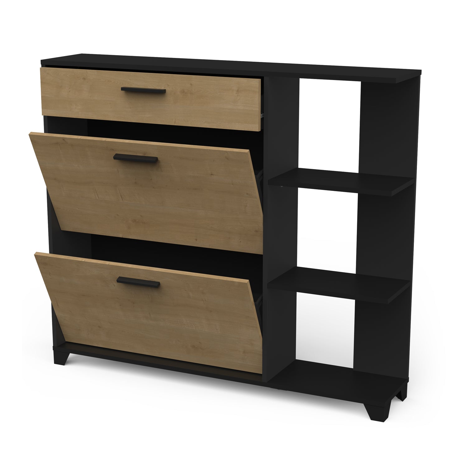 Cairo 2 Door 1 Drawer Matt Black and Oak Shoe Storage Cabinet with Shelves - FurniComp