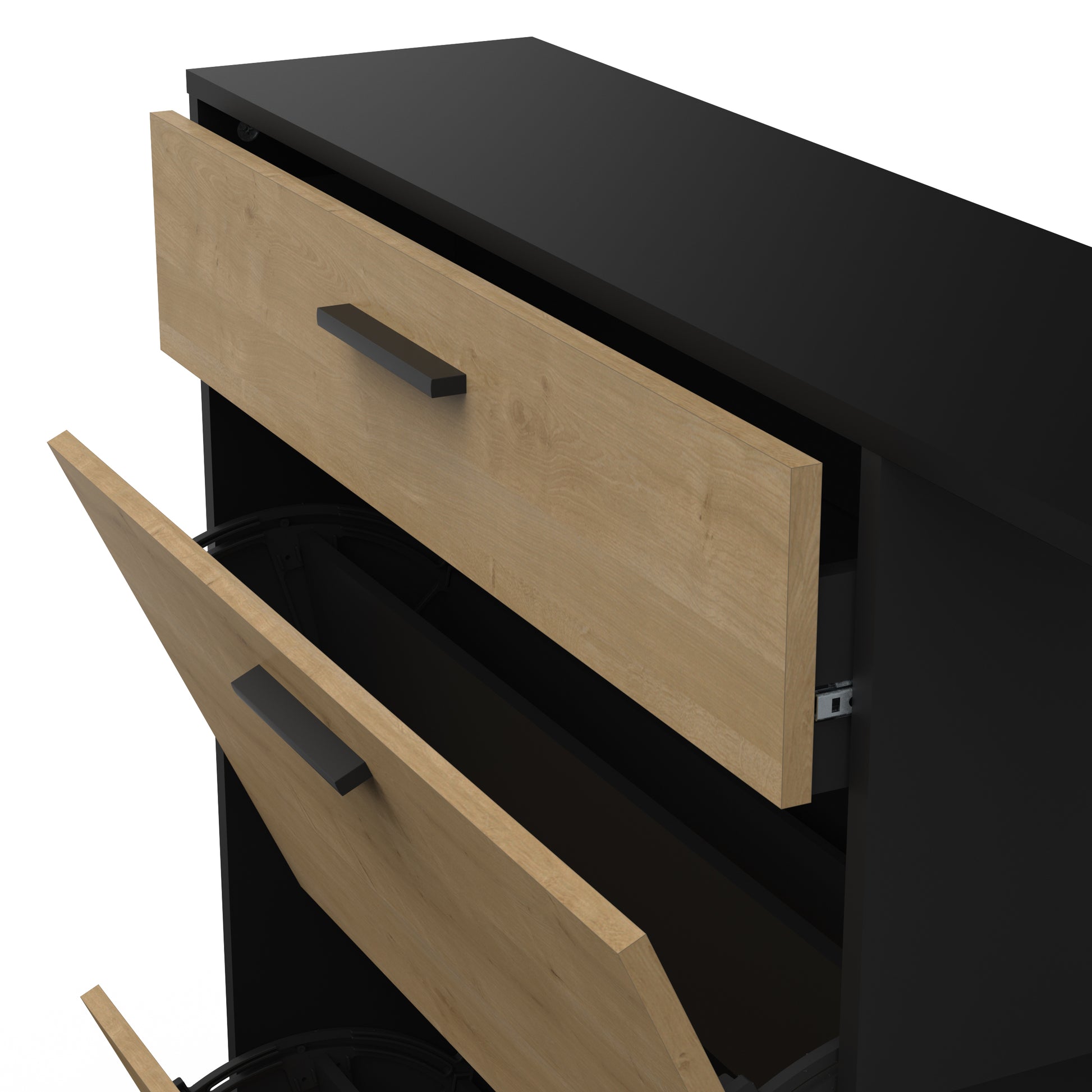 Cairo 2 Door 1 Drawer Matt Black and Oak Shoe Storage Cabinet with Shelves - FurniComp