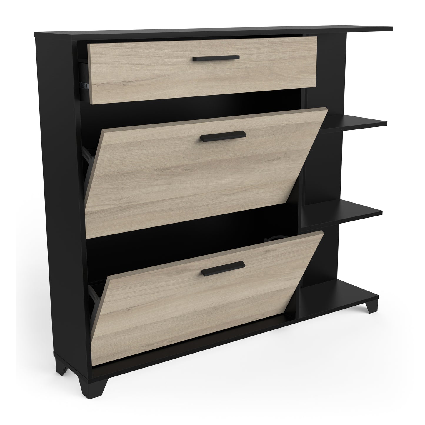 Cairo 2 Door 1 Drawer Matt Black and Oak Shoe Storage Cabinet with Shelves - FurniComp