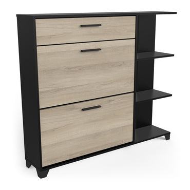 Cairo 2 Door 1 Drawer Matt Black and Oak Shoe Storage Cabinet with Shelves - FurniComp