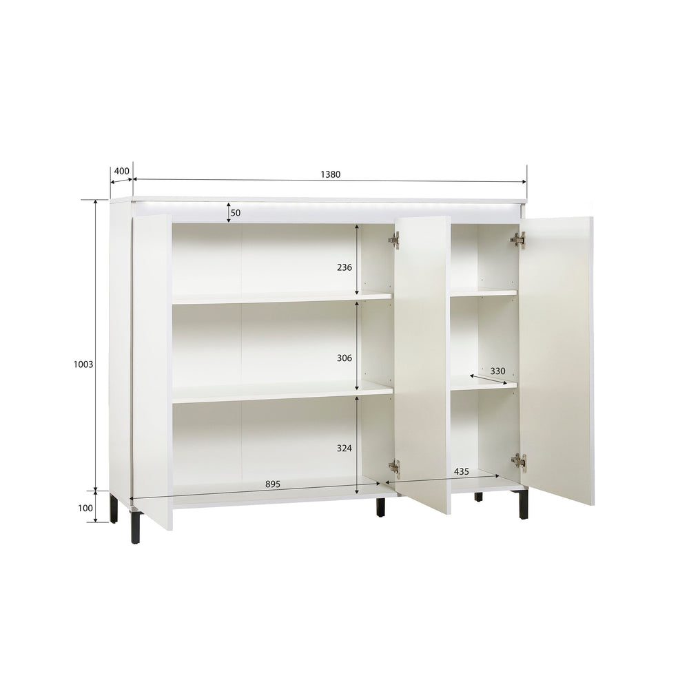 Cancun 3 Door 138cm White Gloss and Anthracite Highboard/Tall Sideboard - FurniComp