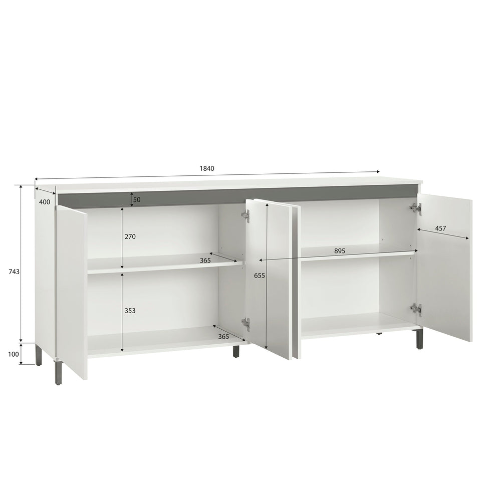 Cancun 4 Door 184cm White Gloss and Anthracite Sideboard - FurniComp